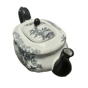 Asian Inspired Teapot, BLACK AND WHITE TEAPOT with Birds, chickens & rabbits